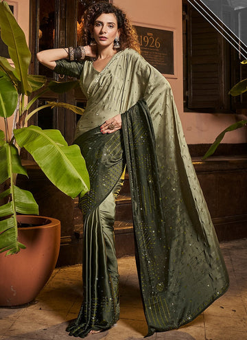Desirable Green Color Satin Fabric Partywear Saree