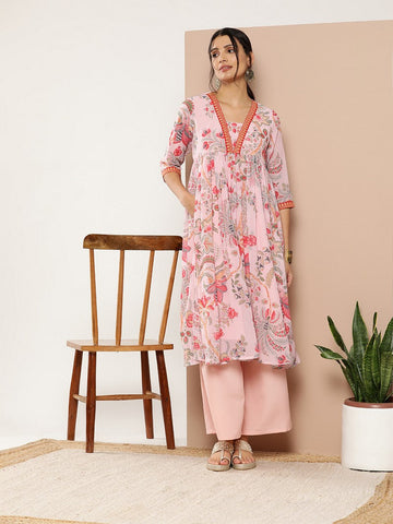 Glowing Pink Color Georgette Fabric Kurti With Bottom