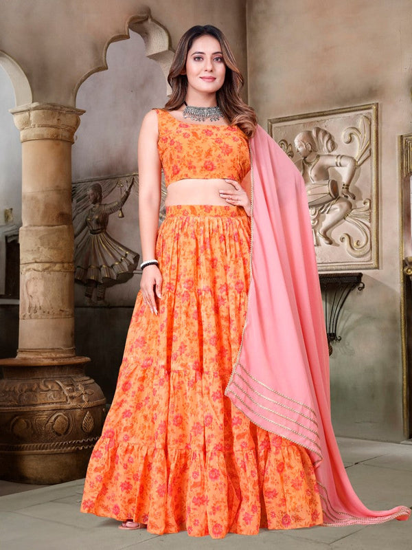 Captivating Orange Color Organza Fabric Designer Lehenga