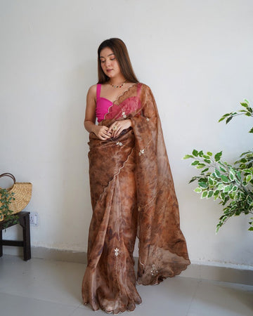 Desirable Brown Color Organza Fabric Casual Saree