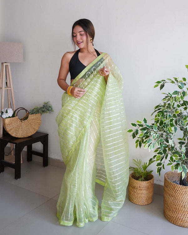Pleasing Green Color Organza Fabric Casual Saree