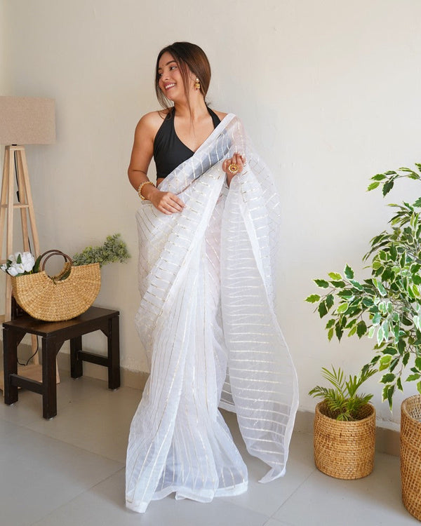 Pleasing White Color Organza Fabric Casual Saree
