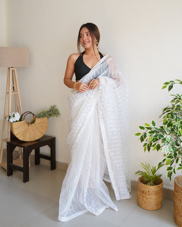Pleasing White Color Organza Fabric Casual Saree