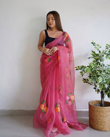 Ideal Pink Color Organza Fabric Casual Saree