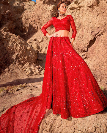 Captivating Red Color Net Fabric Party Wear Lehenga