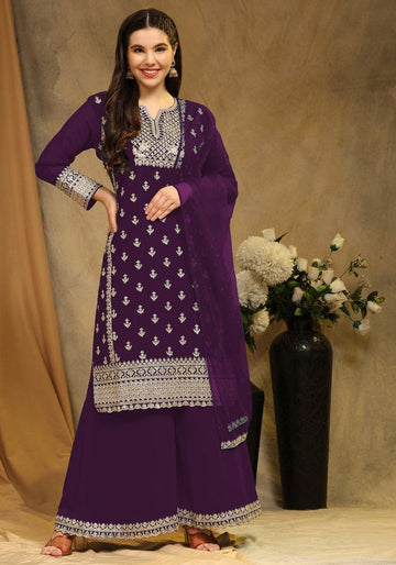 Attractive Purple Color Georgette Fabric Plazzo Suit