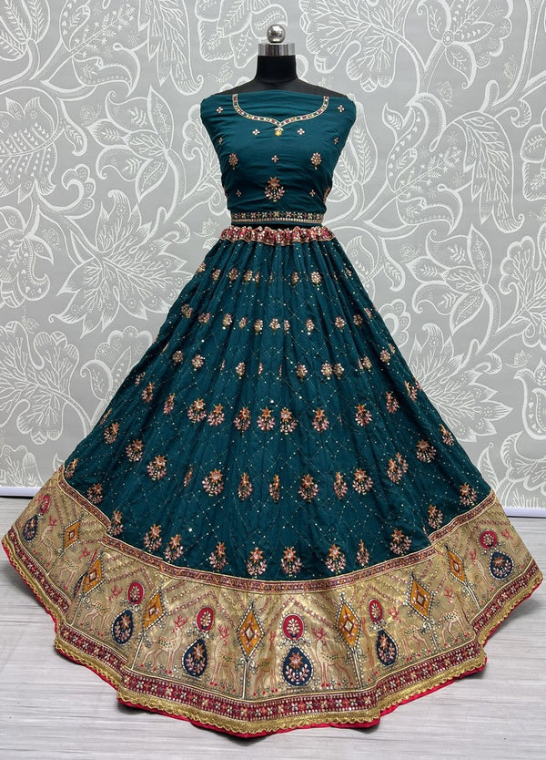 Amazing Teal Color Silk Fabric Party Wear Lehenga