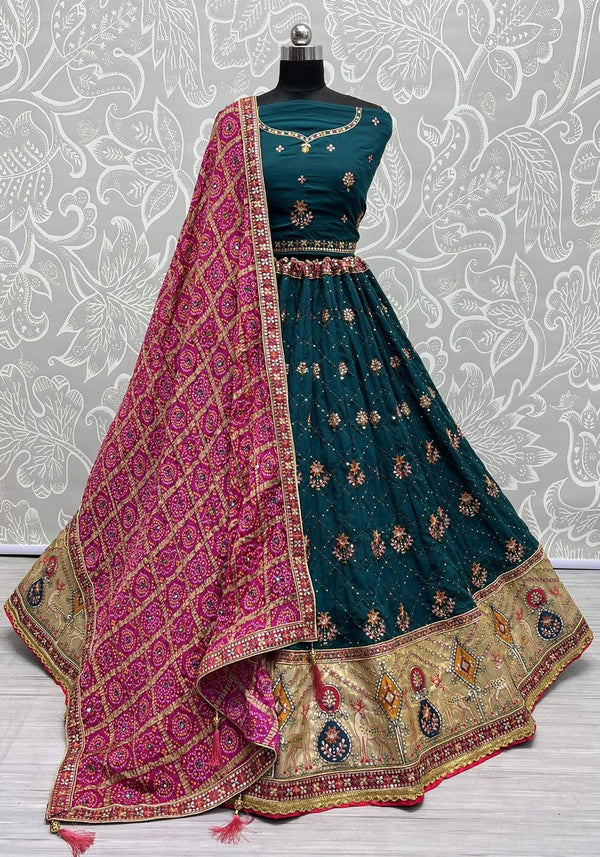 Amazing Teal Color Silk Fabric Party Wear Lehenga