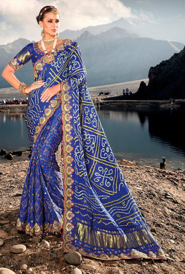 Grand Blue Color Satin Fabric Partywear Saree