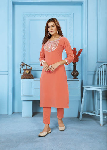 Glowing Peach Color Cotton Fabric Casual Kurti With Bottom