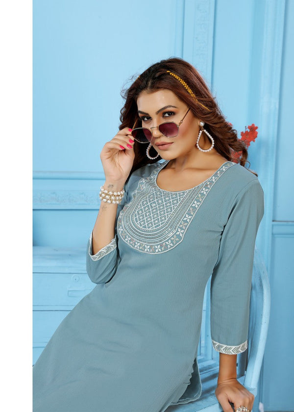 Glowing Grey Color Cotton Fabric Casual Kurti With Bottom