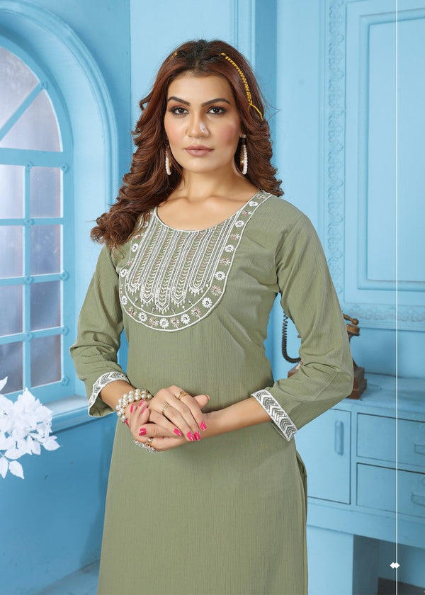 Glowing Green Color Cotton Fabric Casual Kurti With Bottom
