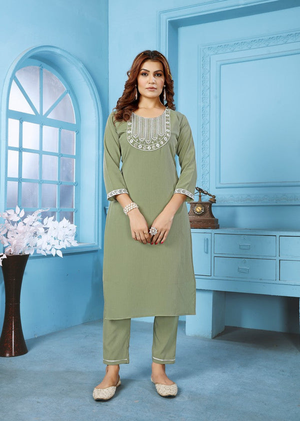 Glowing Green Color Cotton Fabric Casual Kurti With Bottom