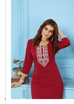 Glowing Maroon Color Cotton Fabric Casual Kurti With Bottom