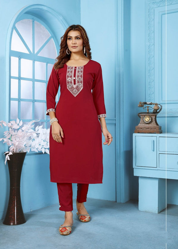 Glowing Maroon Color Cotton Fabric Casual Kurti With Bottom