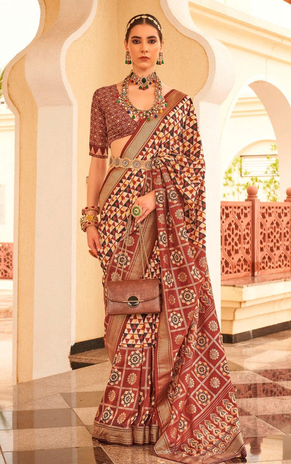 Striking Brown Color Silk Fabric Partywear Saree