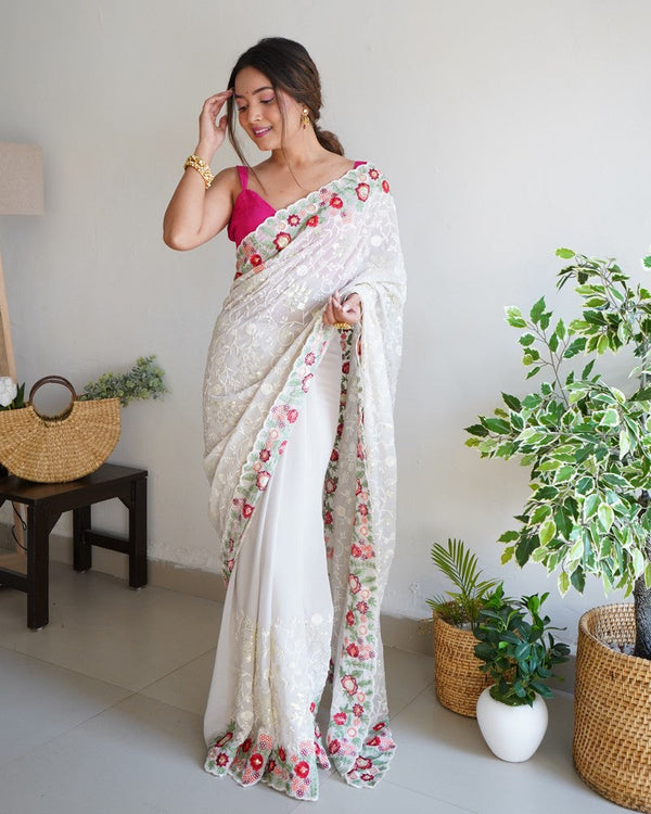 Ideal White Color Georgette Fabric Partywear Saree