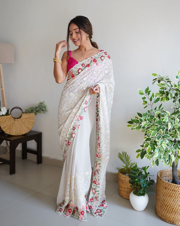 Ideal White Color Georgette Fabric Partywear Saree