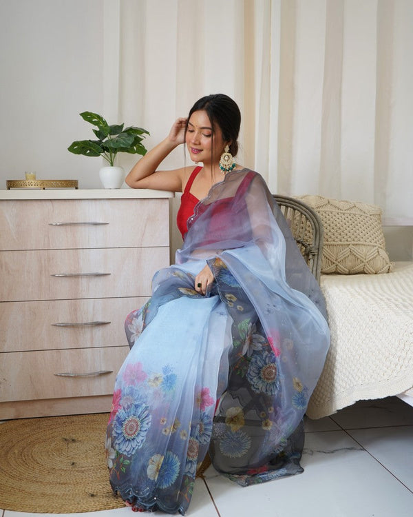 Grand Grey Color Organza Fabric Casual Saree