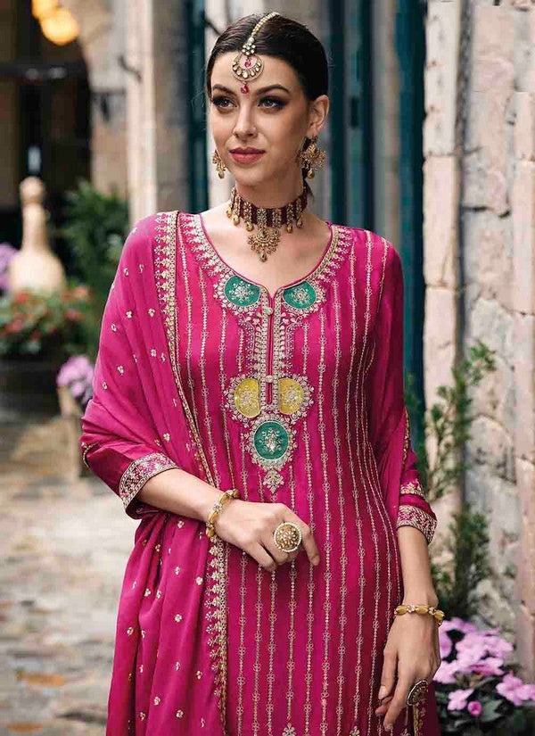 Charming Pink Color Chinon Fabric Plazzo Suit