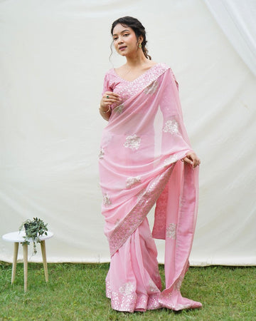 Lovely Pink Color Georgette Fabric Designer Saree