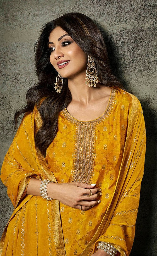 Tasteful Yellow Color Jacquard Fabric Partywear Suit