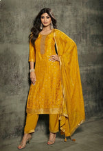 Tasteful Yellow Color Jacquard Fabric Partywear Suit