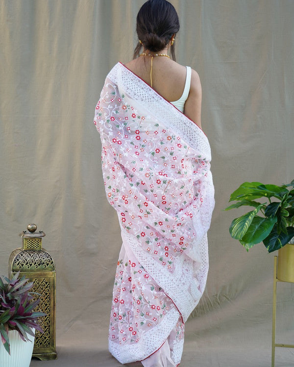 Lovely Pink Color Organza Fabric Designer Saree