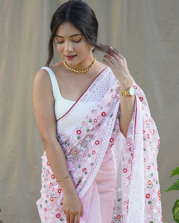 Lovely Pink Color Organza Fabric Designer Saree