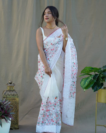 Lovely White Color Organza Fabric Designer Saree