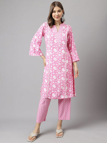 Splendid Pink Color Cotton Fabric Casual Kurti With Bottom