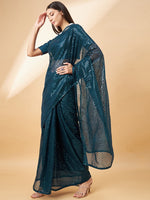 Striking Teal Color Georgette Fabric Partywear Saree