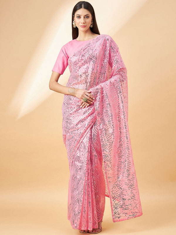 Striking Pink Color Georgette Fabric Partywear Saree