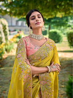 Striking Yellow Color Banarasi Fabric Partywear Saree