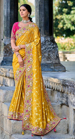 Striking Mustard Color Banarasi Fabric Partywear Saree