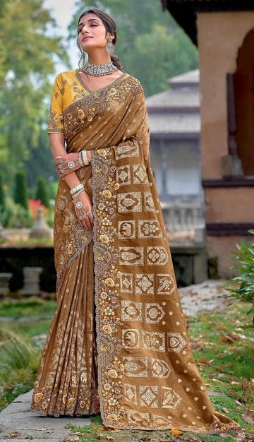 Striking Brown Color Banarasi Fabric Partywear Saree