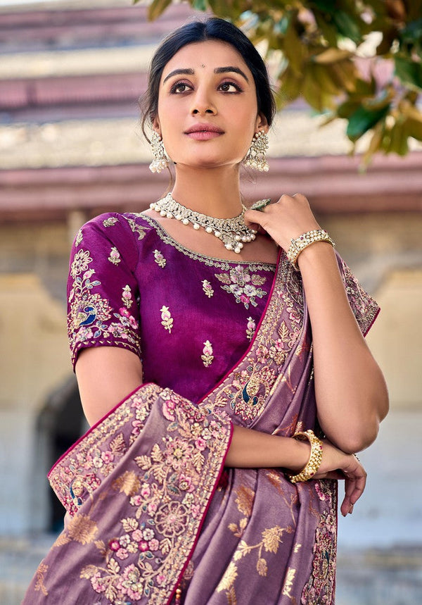 Striking Purple Color Banarasi Fabric Partywear Saree