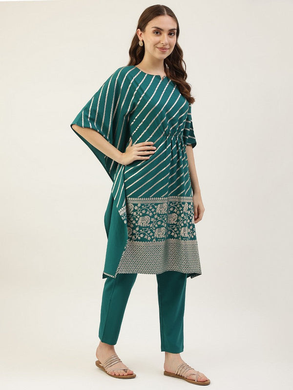 Glowing Teal Color Crepe Fabric Kurti With Bottom