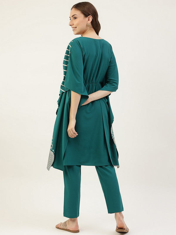 Glowing Teal Color Crepe Fabric Kurti With Bottom