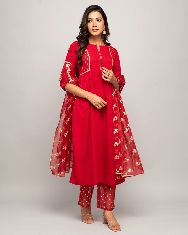 Classy Red Color Crepe Fabric Readymade Designer Suit