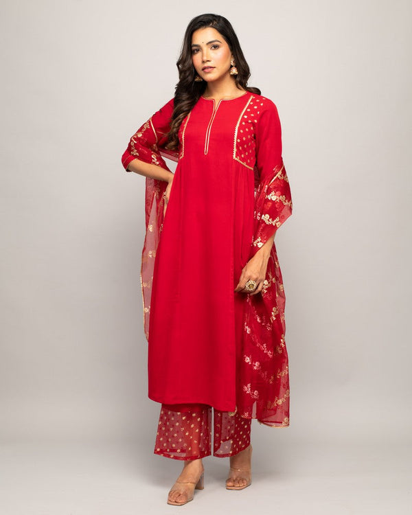 Classy Red Color Crepe Fabric Readymade Designer Suit