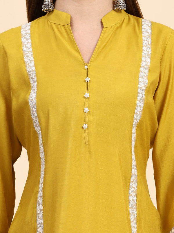 Amazing Yellow Color Silk Fabric Casual Kurti With Bottom