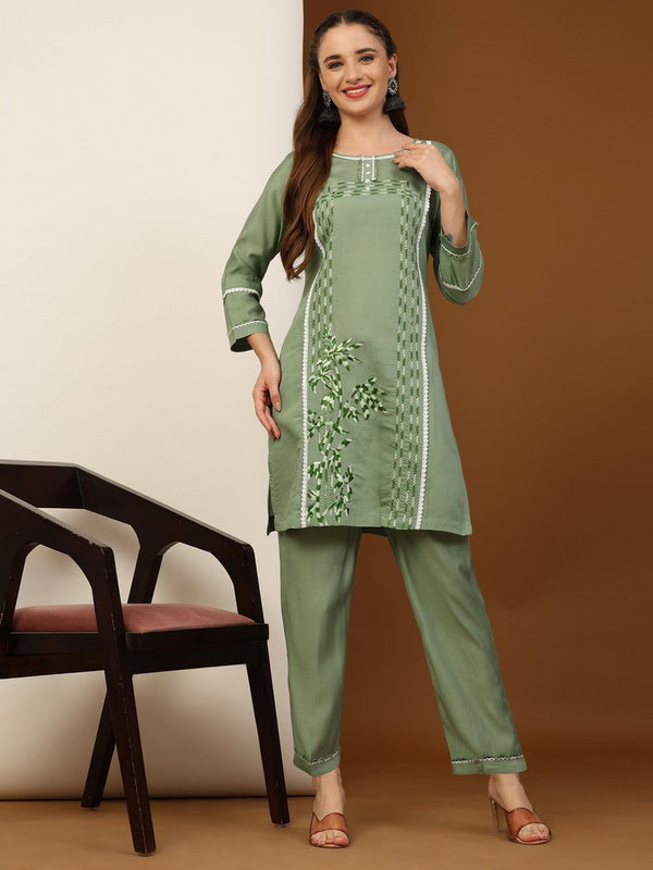 Amazing Green Color Silk Fabric Casual Kurti With Bottom