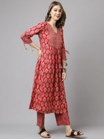 Lovely Red Color Cotton Fabric Casual Kurti With Bottom