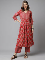 Lovely Red Color Cotton Fabric Casual Kurti With Bottom