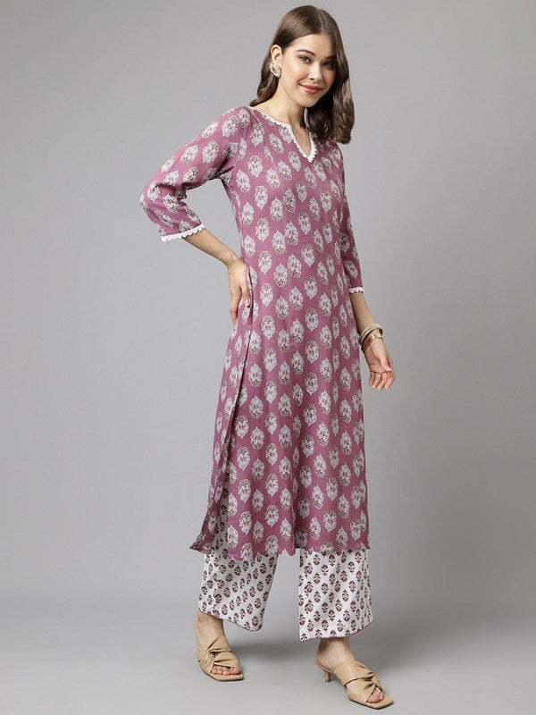 Lovely Purple Color Cotton Fabric Casual Kurti With Bottom