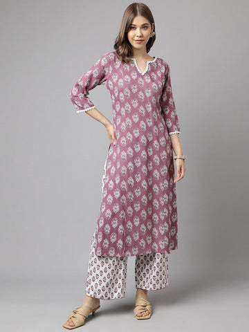 Lovely Purple Color Cotton Fabric Casual Kurti With Bottom