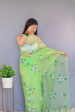 Angelic Green Color Organza Fabric Casual Saree