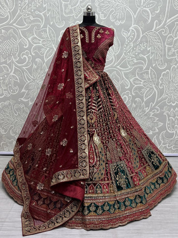 Appealing Maroon Color Velvet Fabric Bridal Lehenga