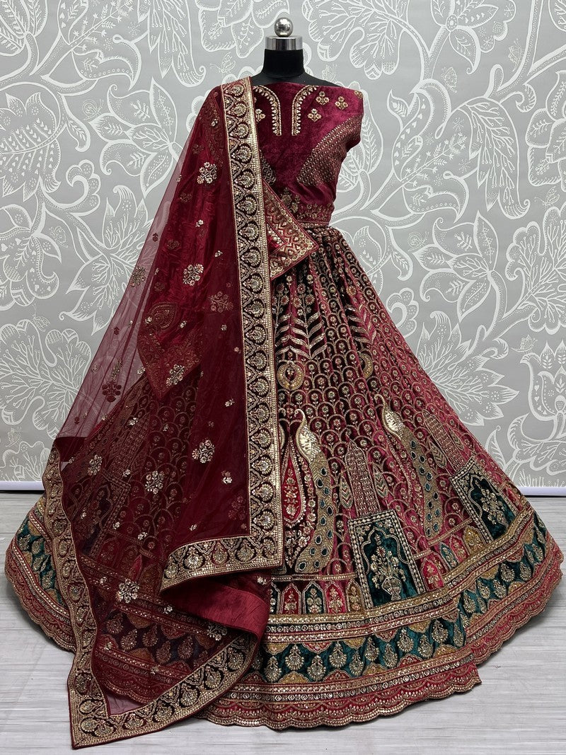 Maroon Colour Wedding Lehenga Choli in Velvet Fabric.